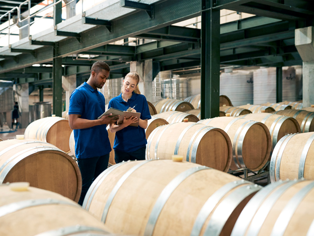 a woman and a man standing inbetween wine barrels